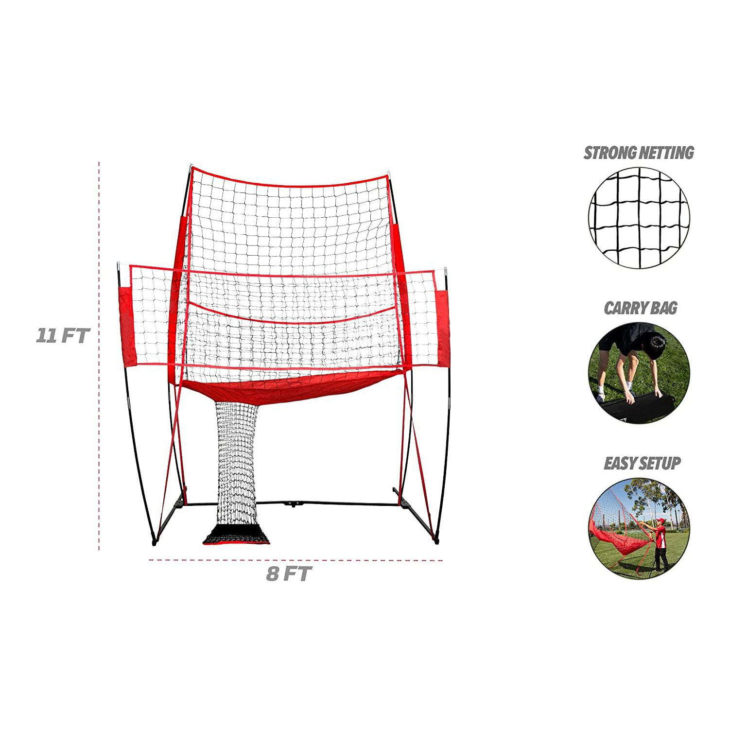 Station de filet d'entraînement de volley-ball 8 pieds de large par 11 pieds de haut Retour de balle Idéal pour frapper et servir des exercices Parfait pour l'entraînement en équipe ou en solo Installation en trois minutes Cadre de style arc