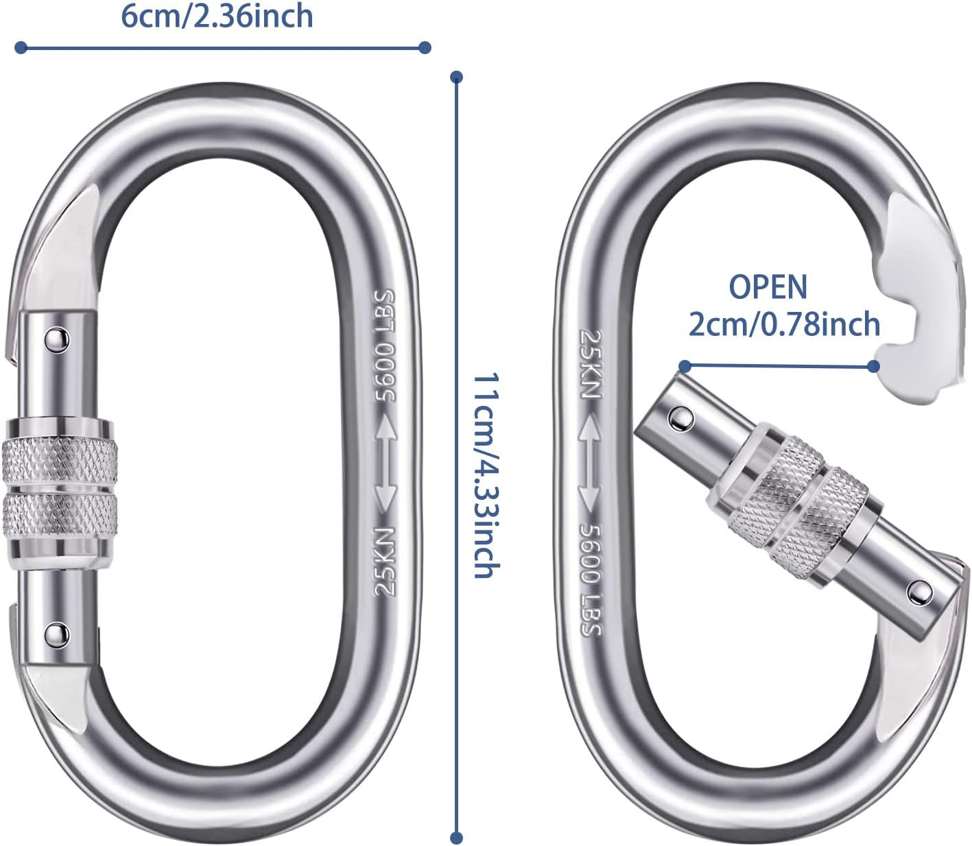 Mousqueton d'escalade robuste à clip 25 kn (5 600 lb), crochet avec vis polyvalent pour l'escalade, le gréement, les cordes, les hamacs (forme O)