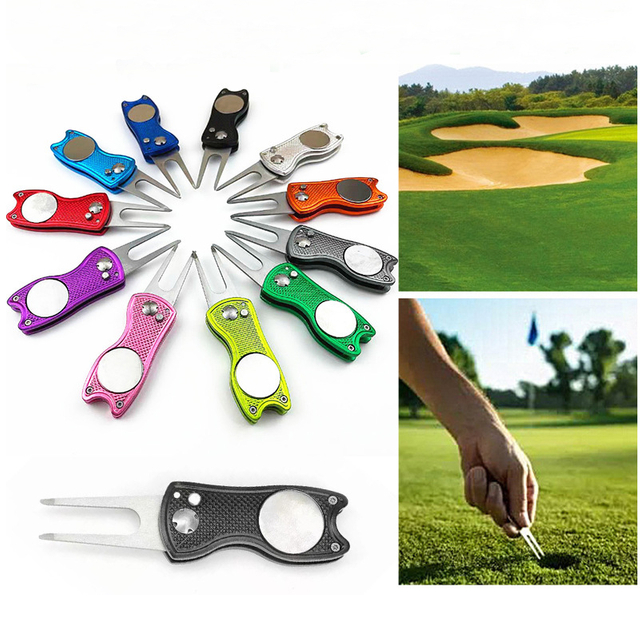 Outil de réparation de Golf pliable en acier inoxydable, prix d'usine, outil Divot de Golf magnétique, bouton Pop up, marqueur de balle de Golf